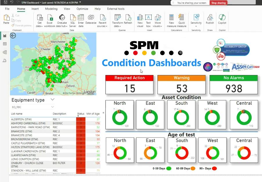 Screenshot showing Severn Trent Water sites on a map and in a list, along with asset condition indicators in green, yellow, and red